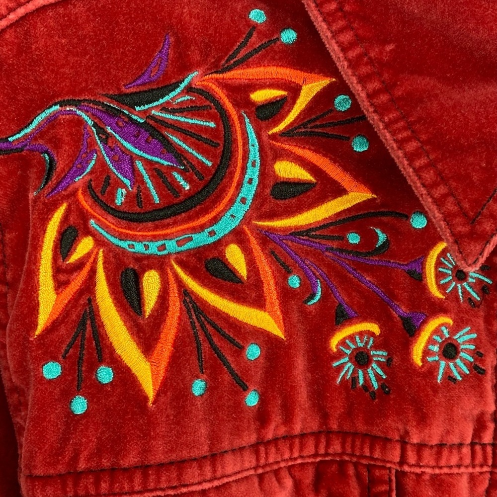 Bob Mackie Wearable Art Red Embroidered Floral Trucker Jacket Womens S Oversized - Picture 6 of 7